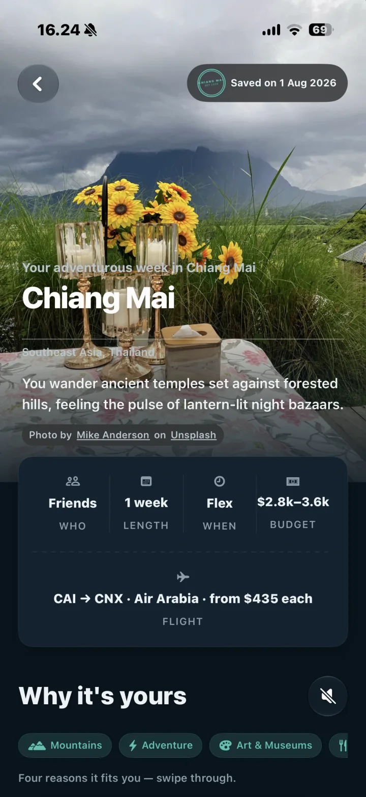 The Trippé result screen: Chiang Mai, Thailand — an adventurous week for friends, flexible dates, $2.8k–3.6k, with a Cairo to Chiang Mai fare from $435 each.